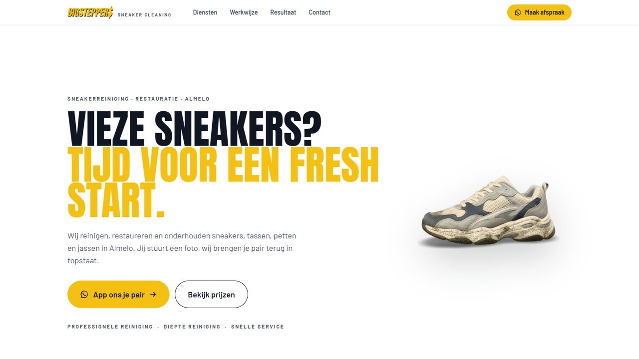 Homepage van BigSteppers33, webshop voor sneakerreiniging en restauratie.