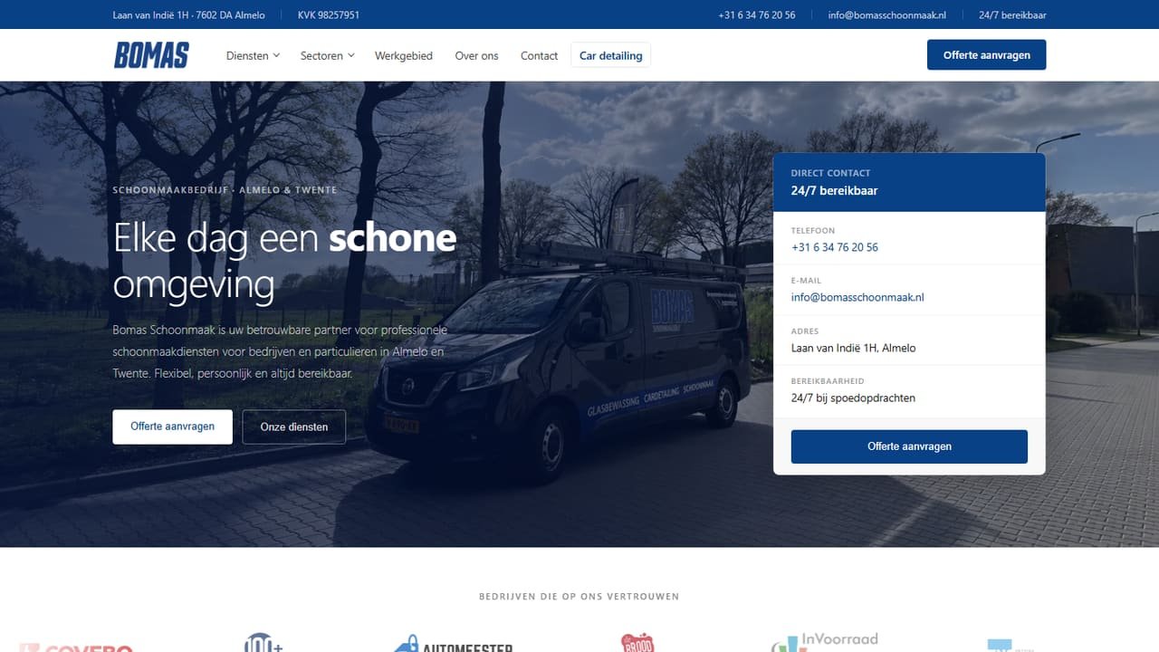 Homepage van Bomas Schoonmaak, website voor professionele schoonmaakdiensten.