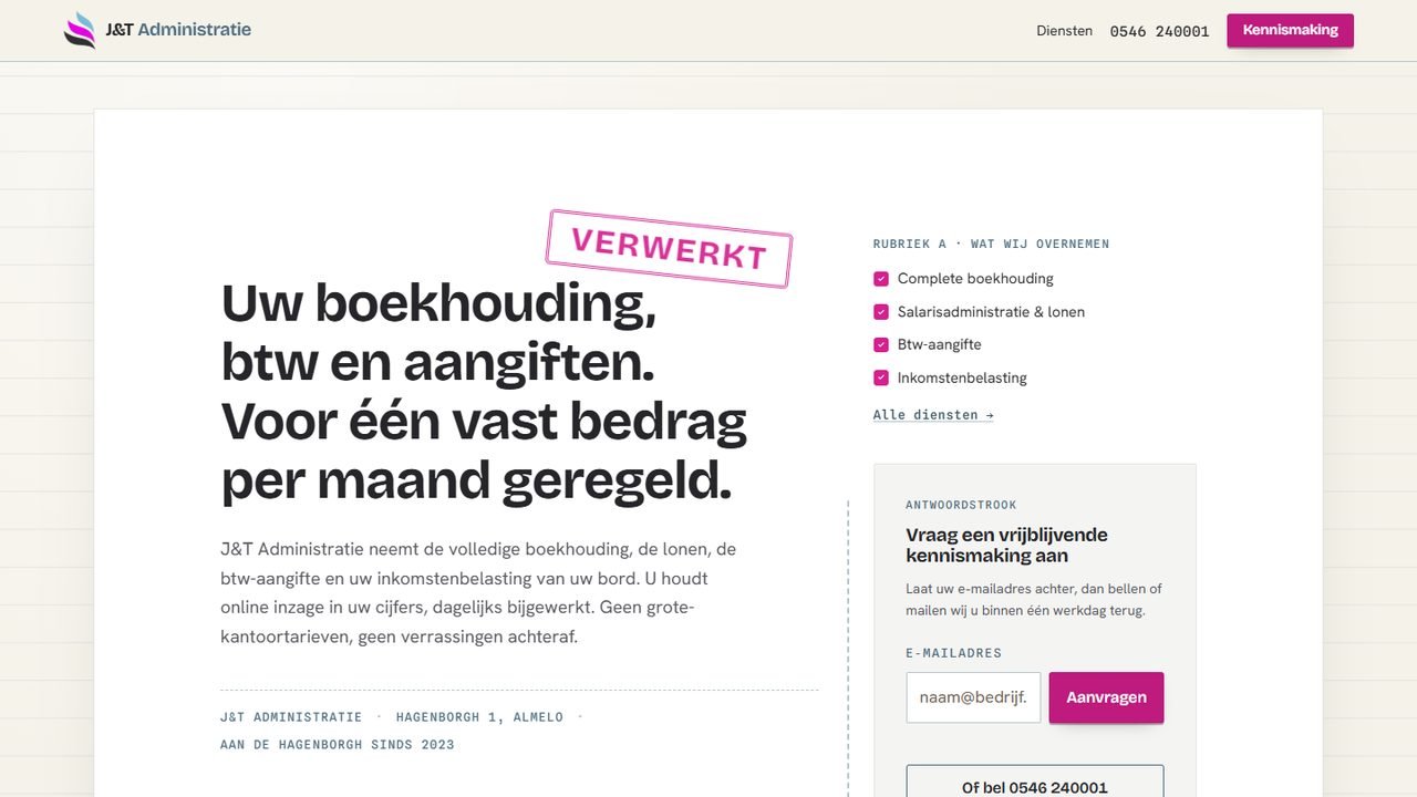 Homepage van J&T Administratie, boekhouder in Almelo voor zzp en mkb.